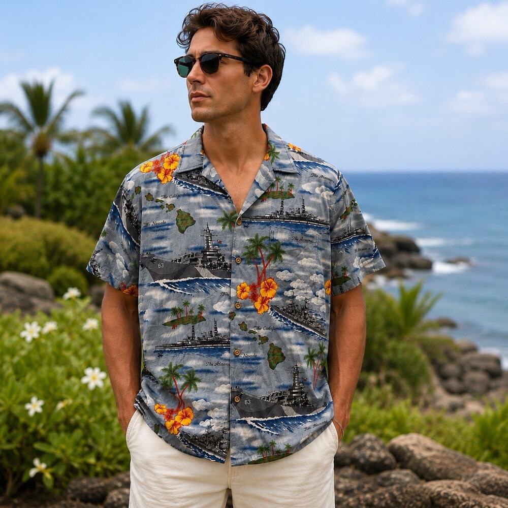 Vintage Kalaheo Hawaiian Shirt Large Battleship Pearl Harbor Aloha USA Made Camp